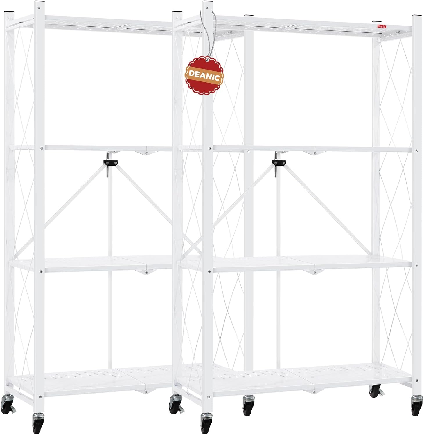 DEANIC 4 Tier Foldable Storage Shelves with Wheels, Large Capacity Shelving Unit, Freestanding Metal Wire Shelf Rack, No Assembly Organizer Rack for Garage Kitchen, Basement, Pantry(White Pack of 2)