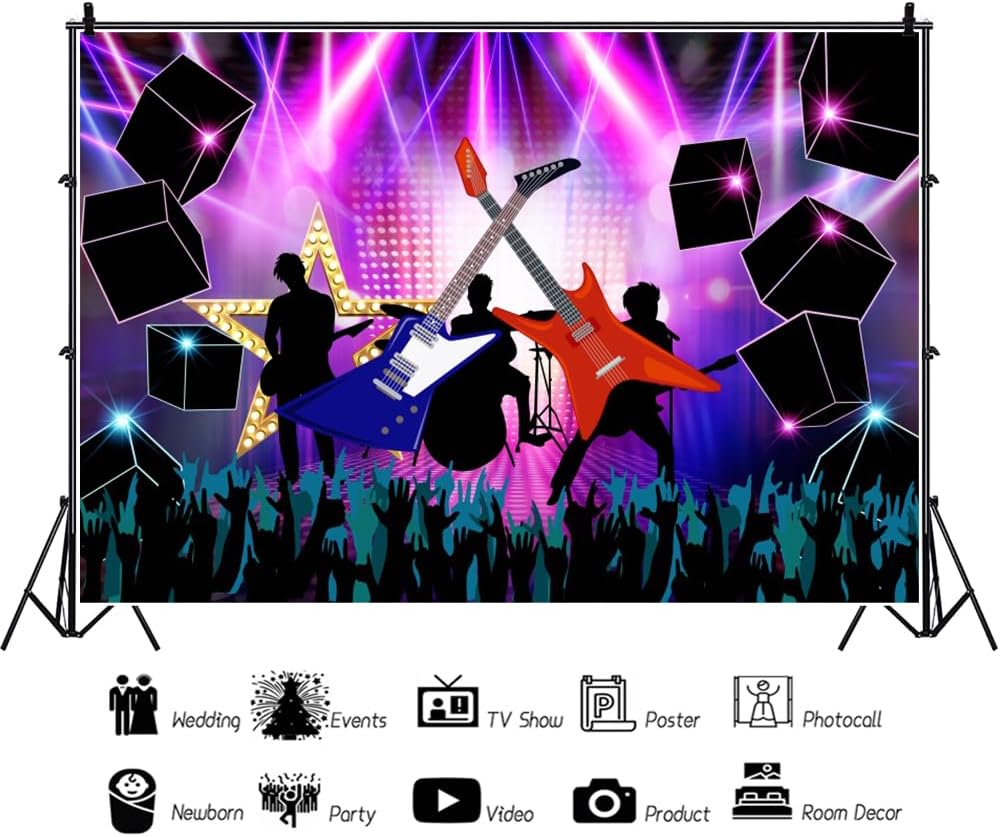 Laeacco 20x10ft Neon Music Concert Stage Backdrop Electronic Guitar Music Carnival Rock and Roll Live Shows Photography Background Kids Adults Birthday Party Cake Table Decor Banner Photo Booth Props