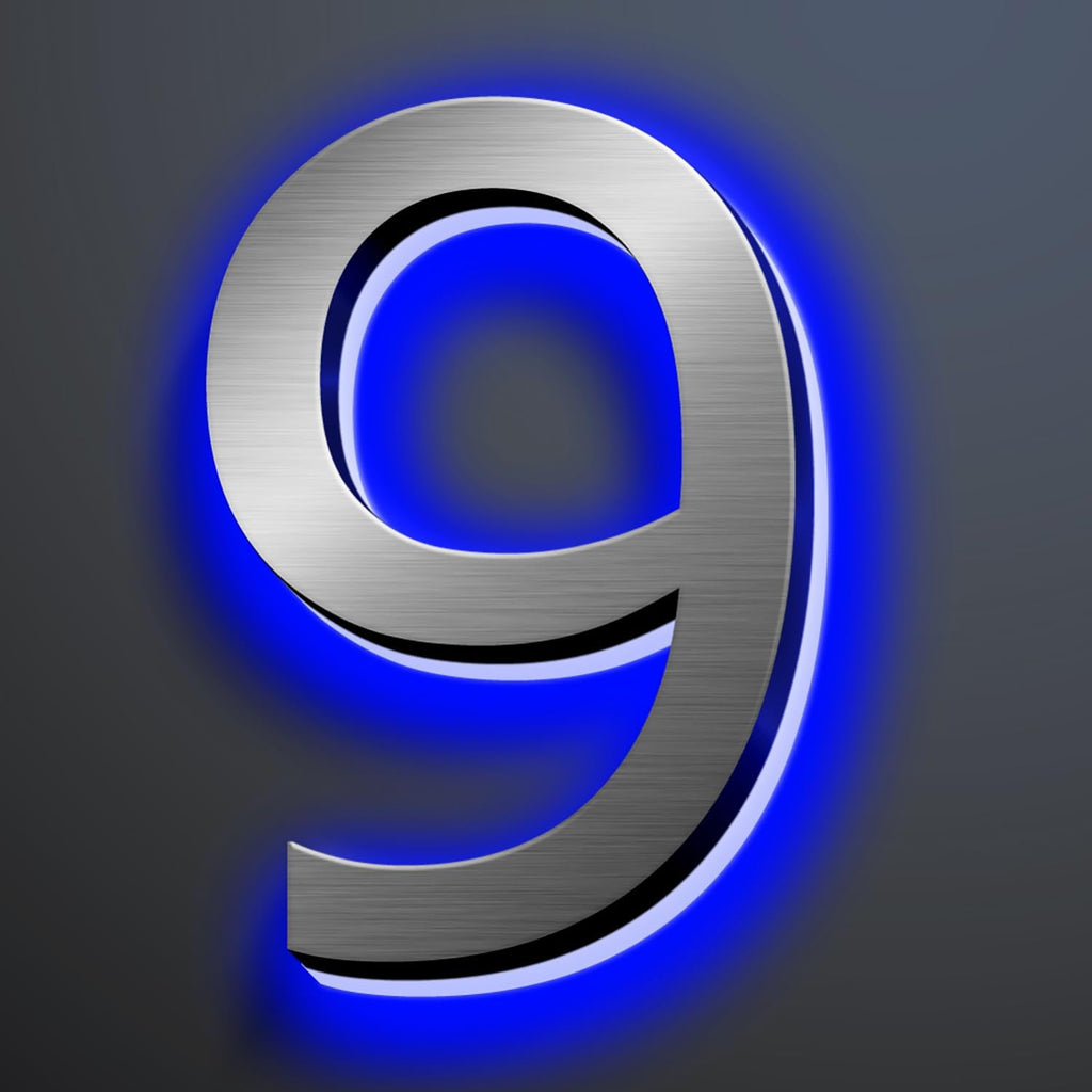 Illuminated House Numbers 18 Inch, Backlit Illuminated LED House Address Numbers For Outside, Modern Metal Lighted Address Numbers Signs, Brushed Silver, Blue Light,9