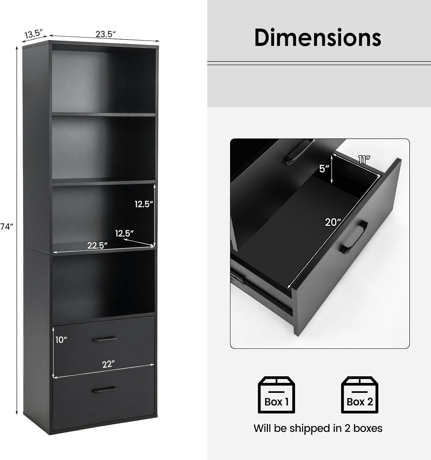 LOKO 74 Inches Tall Bookcase, 6-Tier Modern Tall Storage Cabinet with 2 Drawers & 4 Open Shelves, Freestanding Wooden Bookshelf with Anti-toppling Devices for Living Room, Study, Home Office (Black)