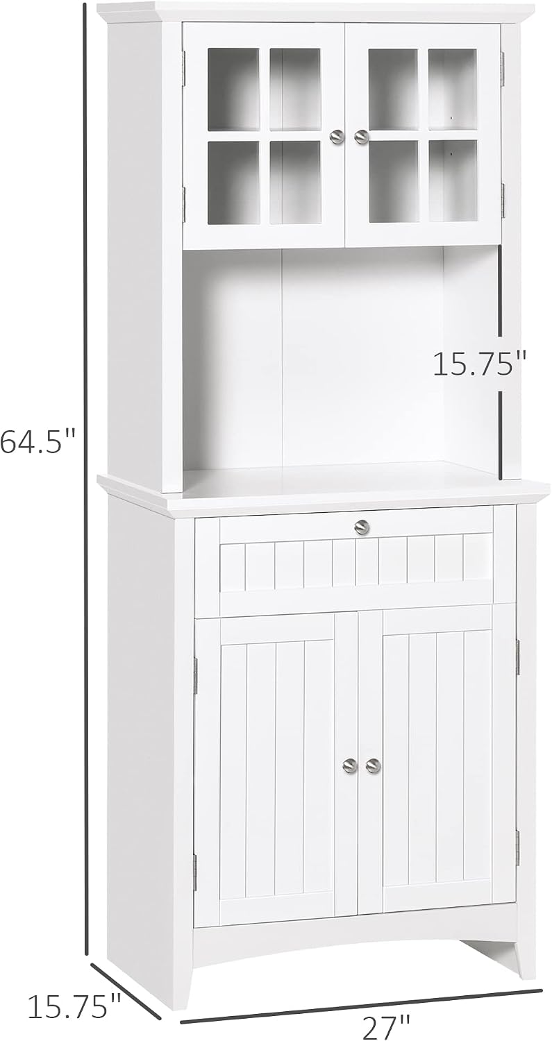 64' Anti-tip Freestanding Storage Cabinet, Kitchen Storage Bakers Rack with Adjustable Shelves, Utility Food Cupboard with Glass Door for Kitchen Dining Living Rooms, White