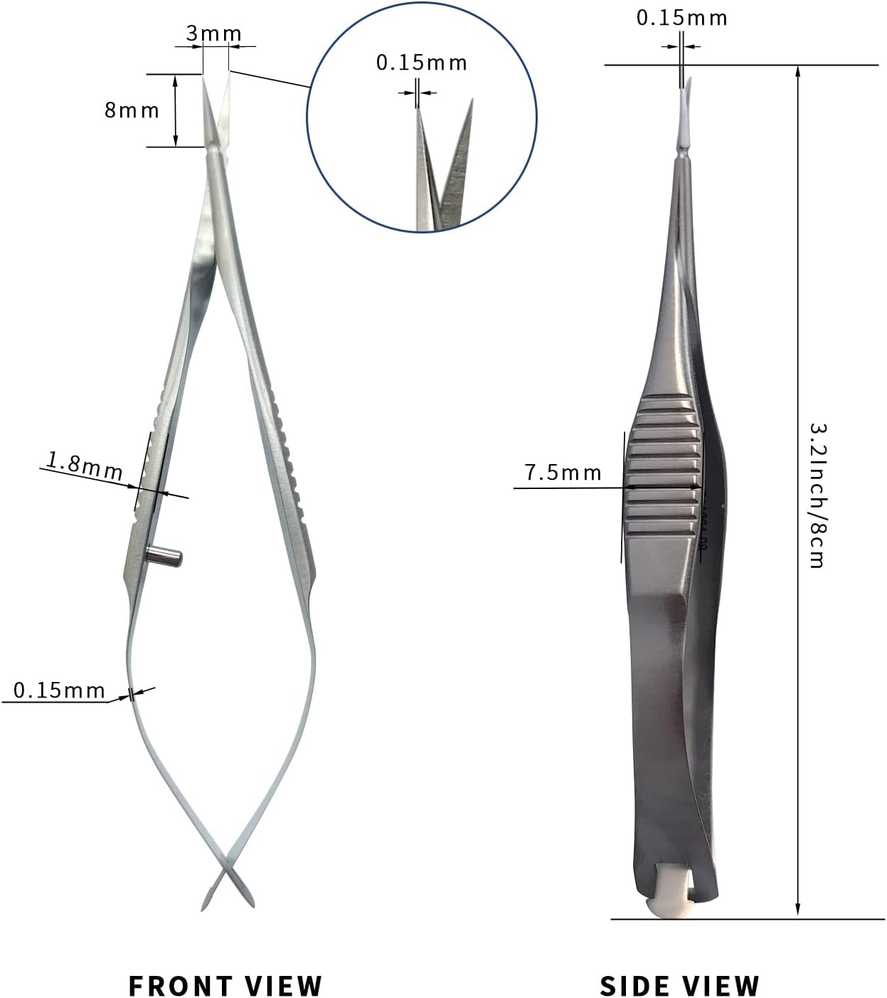 RWD VANNAS Micro Scissors, 3.2' Straight Tapered Tip, Extra Sharp Spring Action Squeeze Scissors for Stitch Cutting, Embroidery, ENT, Eye, Skin, Dental, and Veterinary Surgery (8cm) - S11001-08