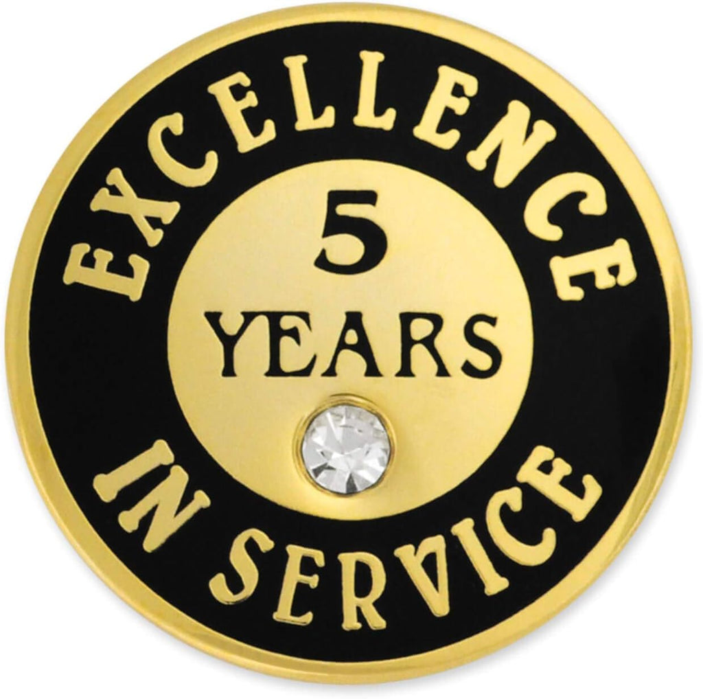 PinMart Gold Color Plated Excellence in Service Year Award Lapel Pin – Metal Enamel Workplace Reward Pin w/Rhinestone – 1-60 Years Pins for Long Standing Employees