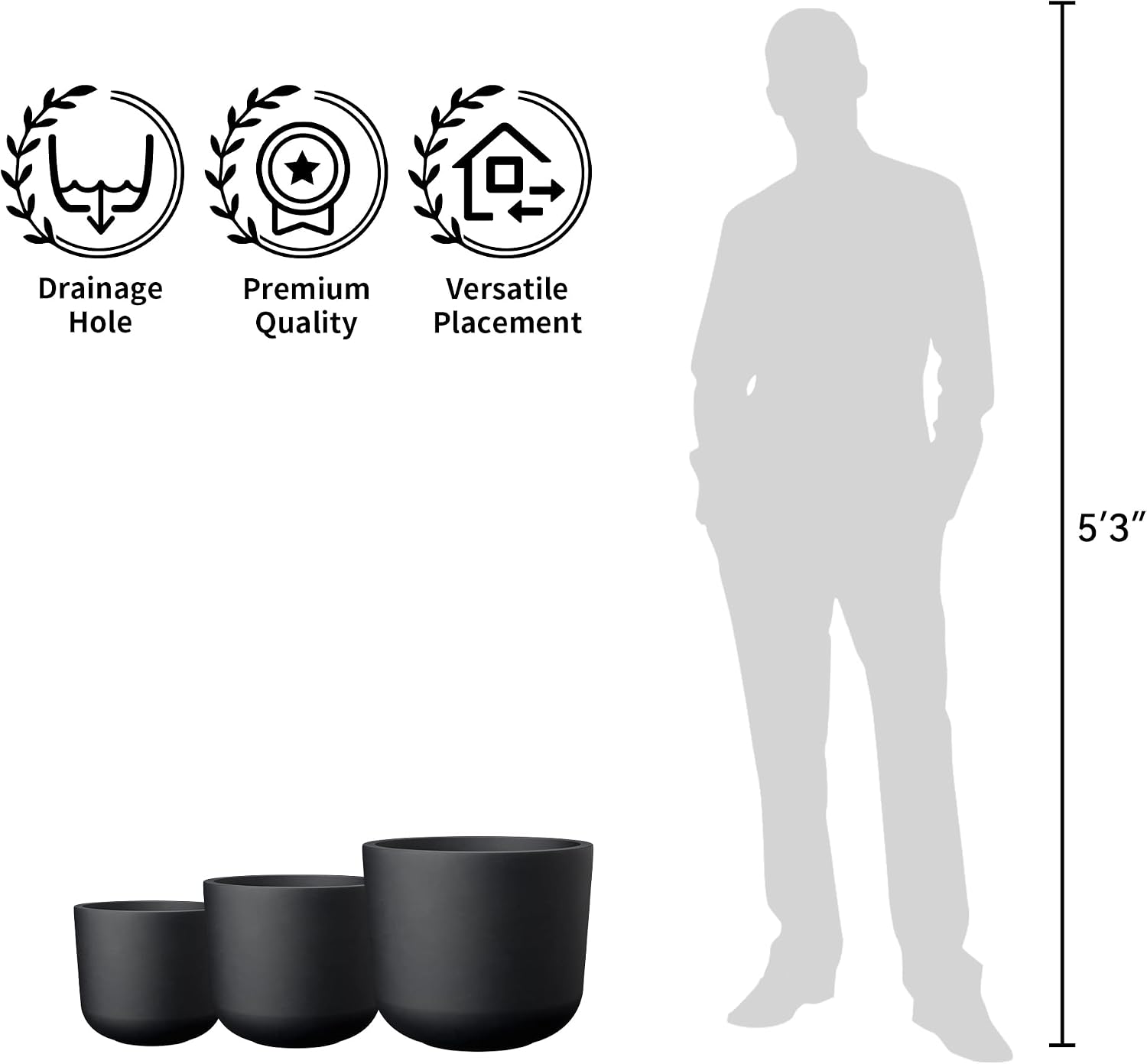 Kante 13',11',9' Dia Black Round Planters (Set of 3), Outdoor Indoor Modern Planter Pots, Lightweight, Weather Resistant, Seamless with Drainage Hole