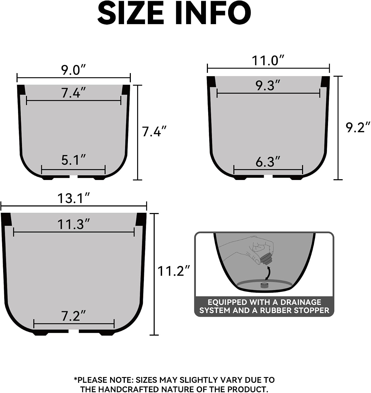 Kante 13',11',9' Dia Black Round Planters (Set of 3), Outdoor Indoor Modern Planter Pots, Lightweight, Weather Resistant, Seamless with Drainage Hole