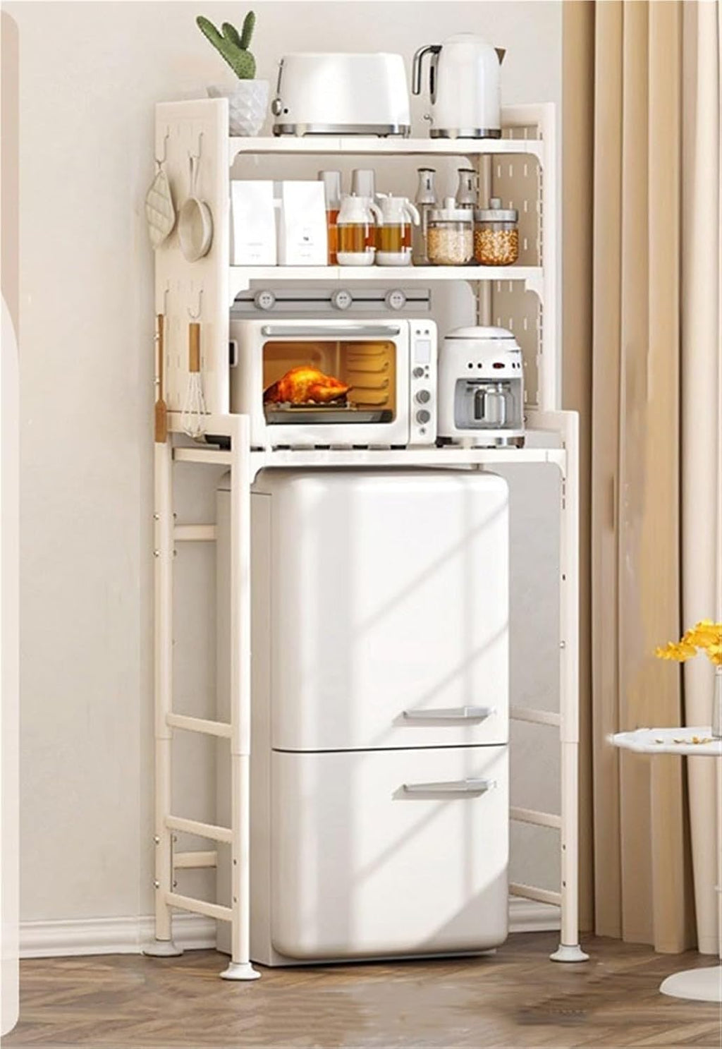 Mini Fridge Stand Storage Refrigerator Shelf 3 Tier Expandable Adjustable Height Microwave Stand Shelf Kitchen Bakers Rack for Refrigerators Below 1.2m Solid Construction(White)