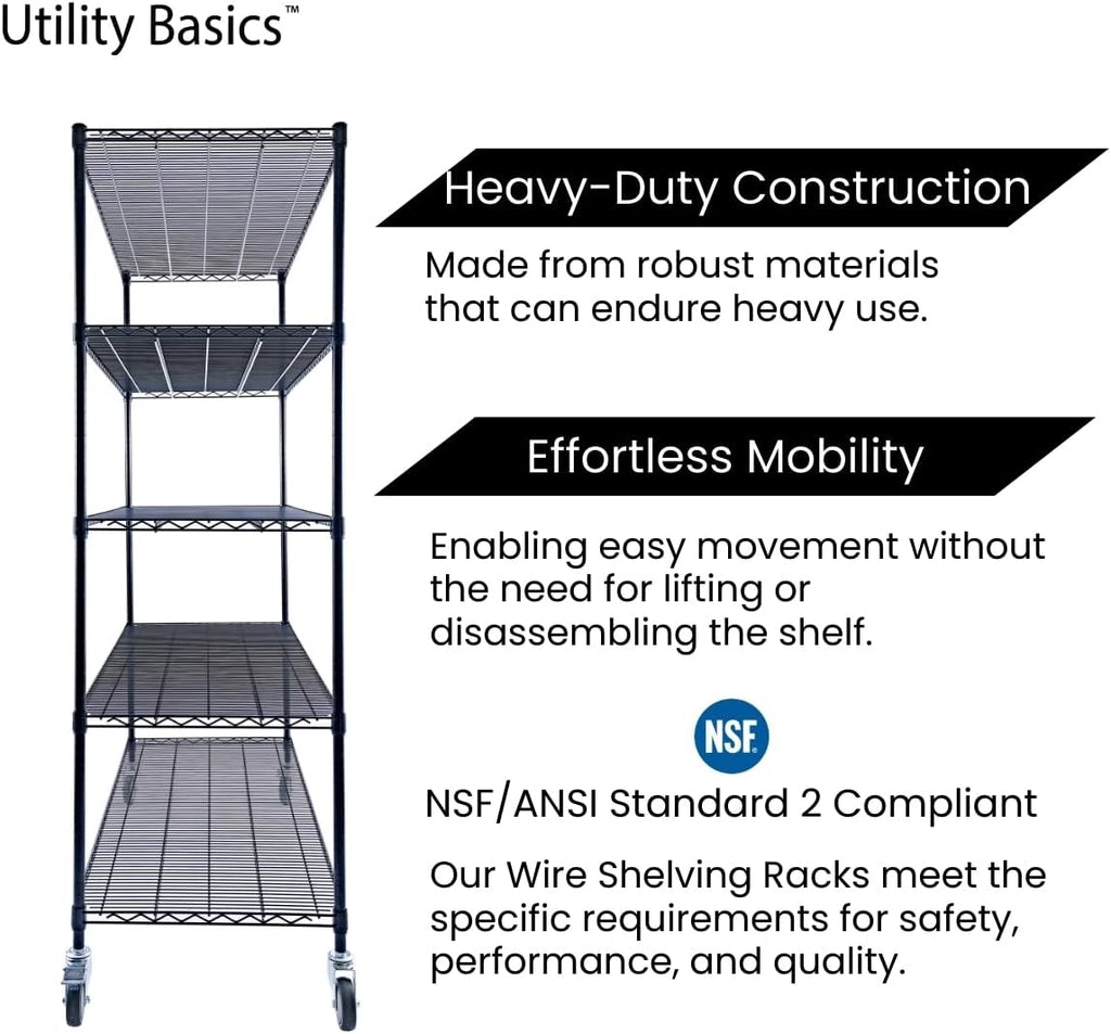 NSF Commercial 5-Tier Wire Shelving with Wheels, 48'x24'x72' Heavy Duty Metal Shelves 4000 lbs Max Capacity, Black Storage Rack for Garage Kitchen Pantry Warehouse