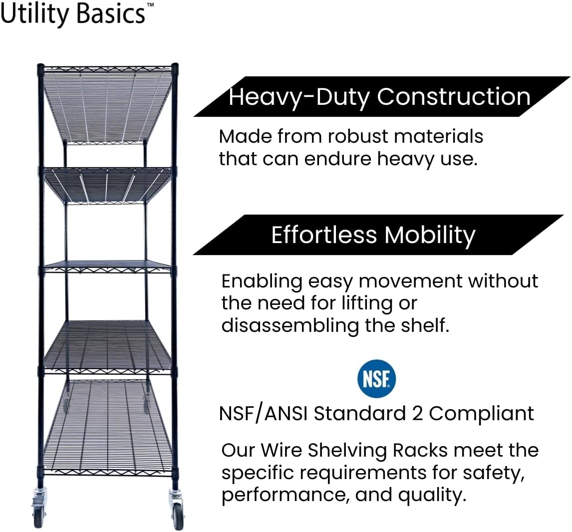 NSF Commercial 5-Tier Wire Shelving with Wheels, 48'x24'x72' Heavy Duty Metal Shelves 4000 lbs Max Capacity, Black Storage Rack for Garage Kitchen Pantry Warehouse