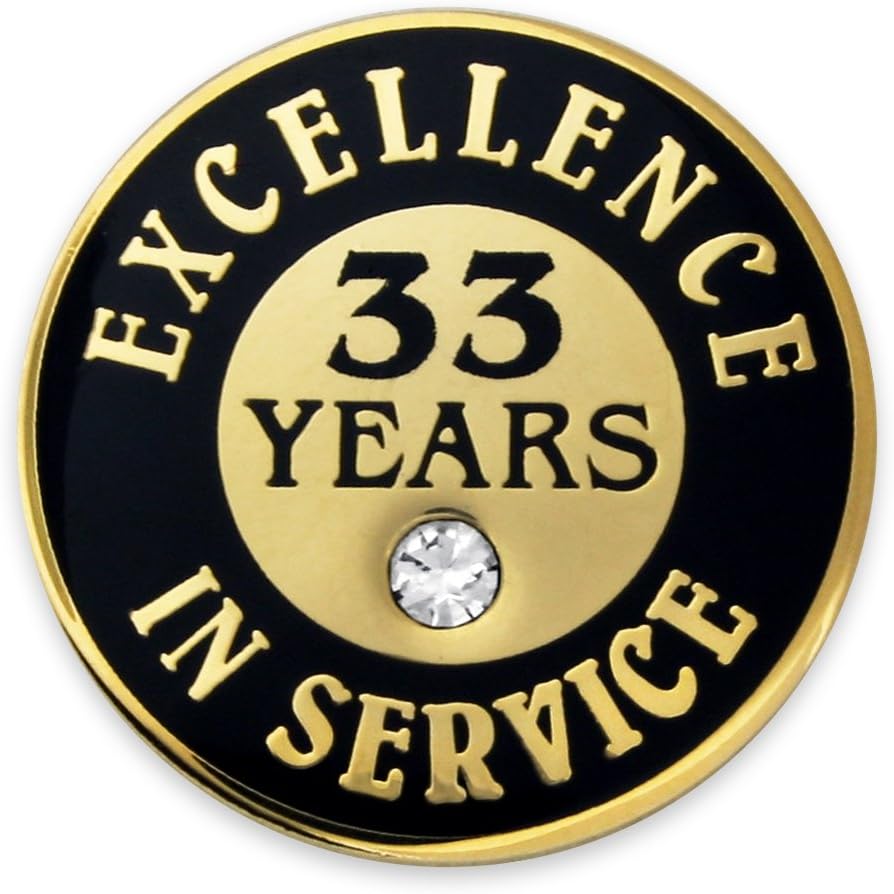PinMart Gold Color Plated Excellence in Service Year Award Lapel Pin – Metal Enamel Workplace Reward Pin w/Rhinestone – 1-60 Years Pins for Long Standing Employees