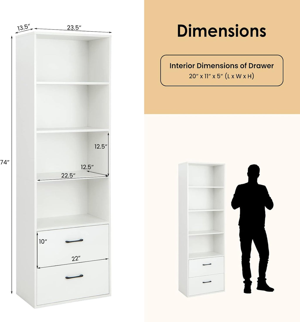 LOKO 74 Inches Tall Bookcase, 6-Tier Modern Tall Storage Cabinet with 2 Drawers & 4 Open Shelves, Freestanding Wooden Bookshelf with Anti-toppling Devices for Living Room, Study, Home Office (White)