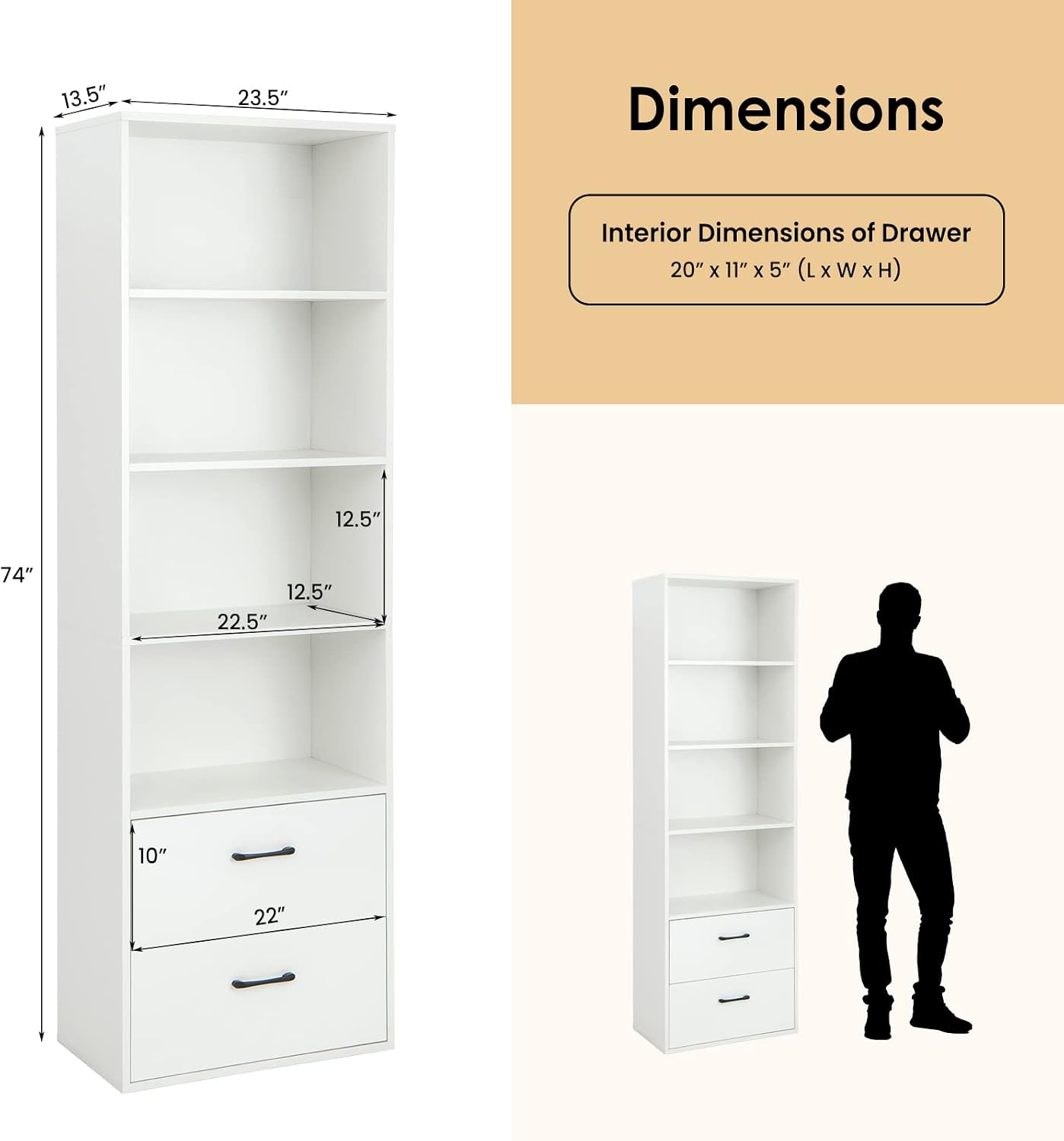 LOKO 74 Inches Tall Bookcase, 6-Tier Modern Tall Storage Cabinet with 2 Drawers & 4 Open Shelves, Freestanding Wooden Bookshelf with Anti-toppling Devices for Living Room, Study, Home Office (White)