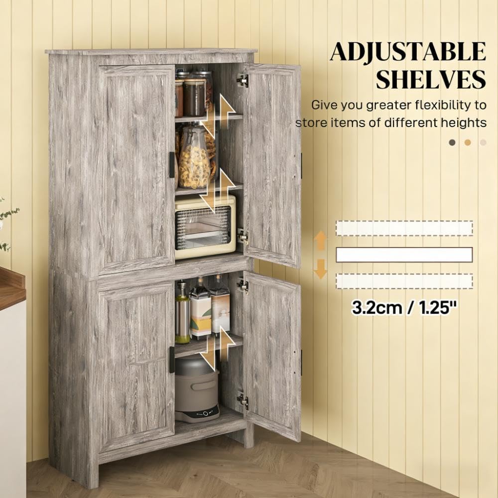 64' Adjustable Shelves Freestanding Storage Cabinet, Kitchen Storage Bakers Rack with Anti-Tipping Design, Utility Food Cupboard with 5-Tier Shelving for Kitchen Dining Living Room, Grey