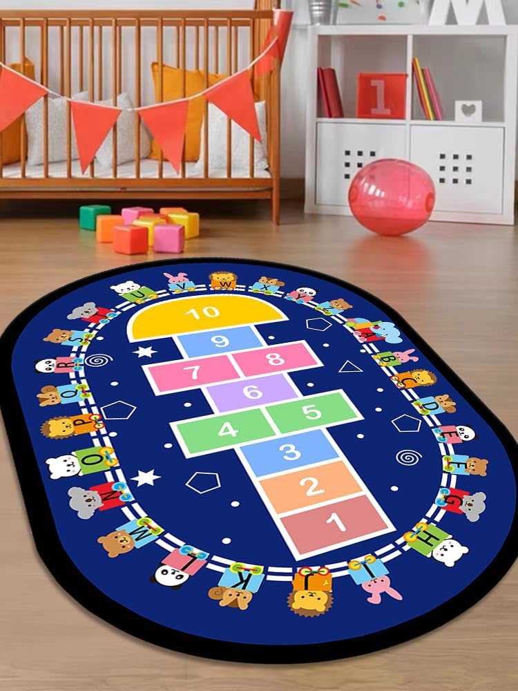 Cartoon Hopscotch Children's Educational Rugs, 6x8ft, Cartoon Animal Train Track Play Mats, Multi-Color ABC Letter Oval Washable Carpets, Soft Reduce Noise Printed Rugs for Nursery