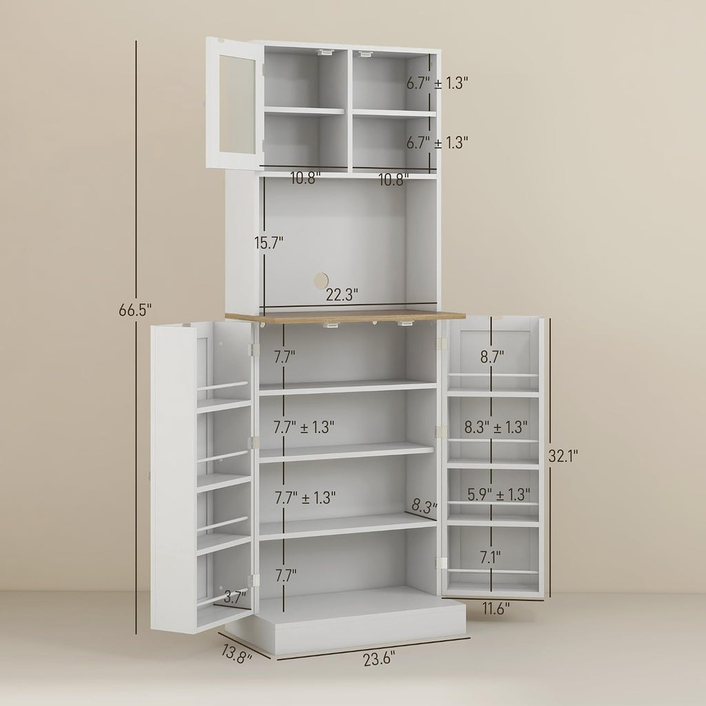 66' Adjustable-Shelf Freestanding Storage Cabinet, Kitchen Storage Bakers Rack with Microwave Stand, Utility Food Cupboard with Anti-tip Design for Kitchen Dining Areas, White