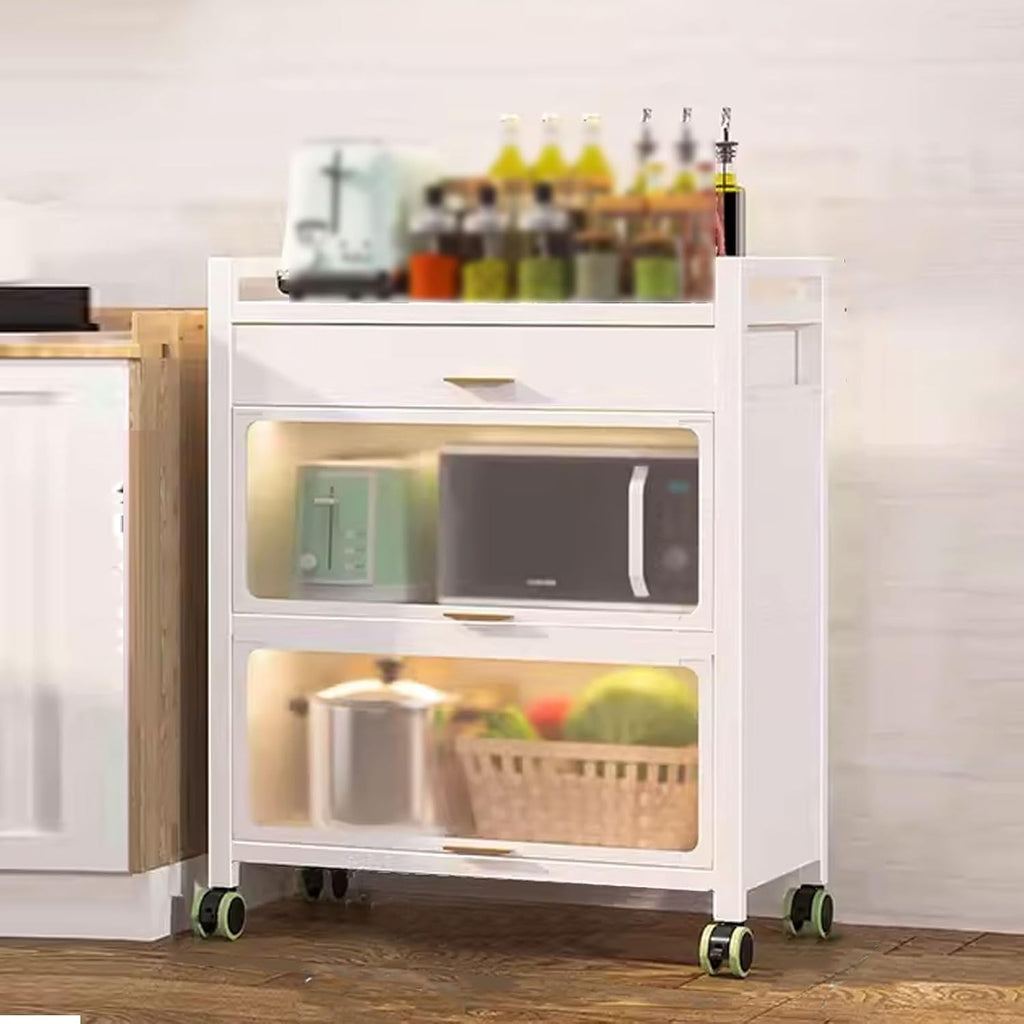 Bakers Rack with Storage Cabinet Kitchen Shelf Organizer and Storage with Drawer with Rolling Wheels, for Spices, Pots and Pans(White,60 * 40 * 90.6cm)