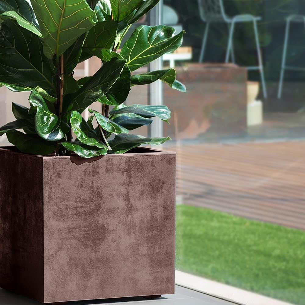 Deroma Millennium 19' Cube Planter | Light & Durable Plastic | Indoor or Outdoor Square Pot for Patio/Porch | Water Res. Wheels & Drain Plug | Trendy Planter for Plants, Flowers, Garden | Brown
