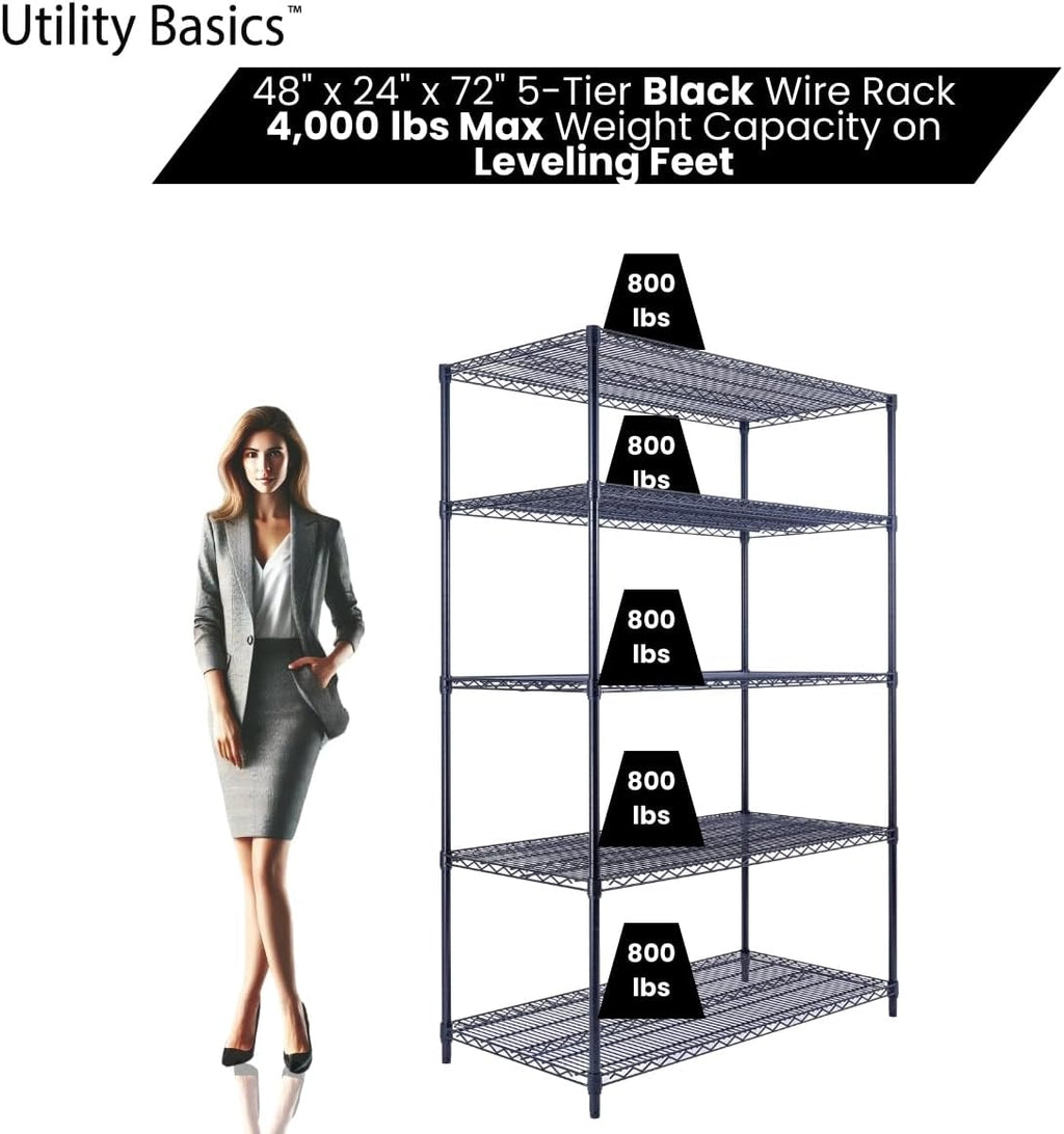 NSF Commercial 5-Tier Wire Shelving with Wheels, 48'x24'x72' Heavy Duty Metal Shelves 4000 lbs Max Capacity, Black Storage Rack for Garage Kitchen Pantry Warehouse