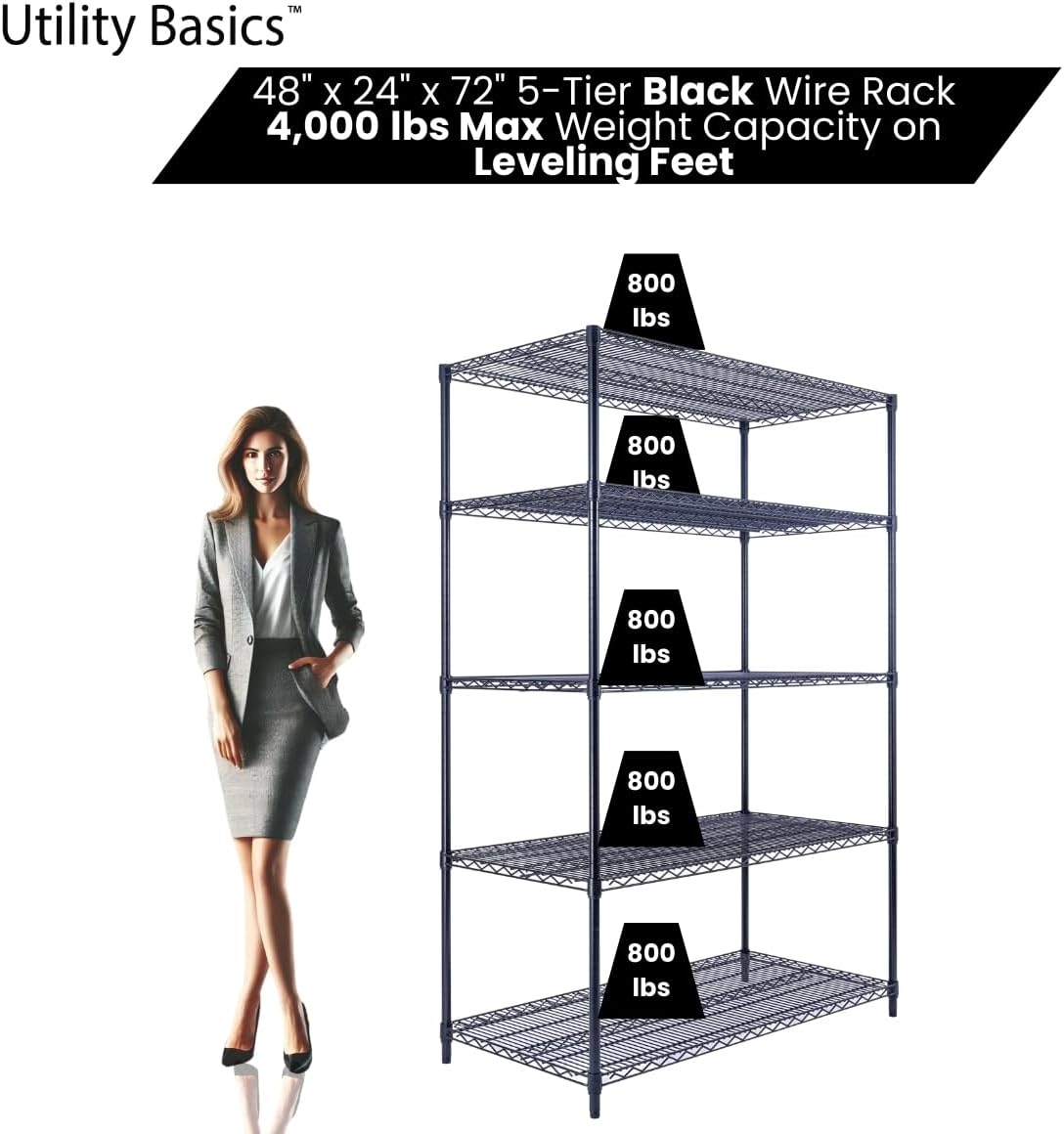 NSF Commercial 5-Tier Wire Shelving with Wheels, 48'x24'x72' Heavy Duty Metal Shelves 4000 lbs Max Capacity, Black Storage Rack for Garage Kitchen Pantry Warehouse