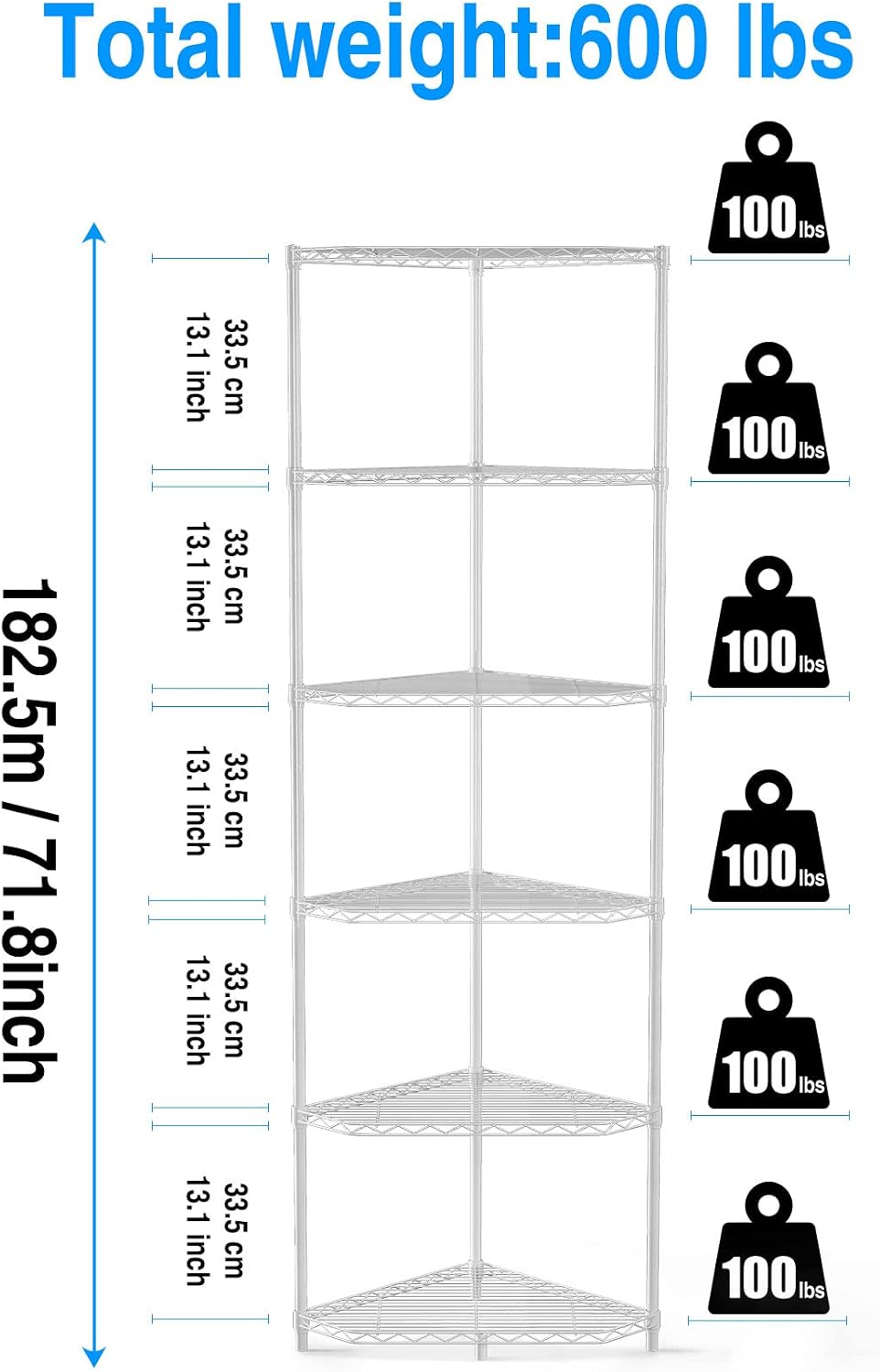 6 Tier NSF Metal Corner Shelf Wire Shelving Unit, 600lbs Capacity Heavy Duty Adjustable Pentagonal Storage Rack with Shelf Liners for Kitchen Garage Office Etc Room Corner, 72'H x 20'L x 20'D - White