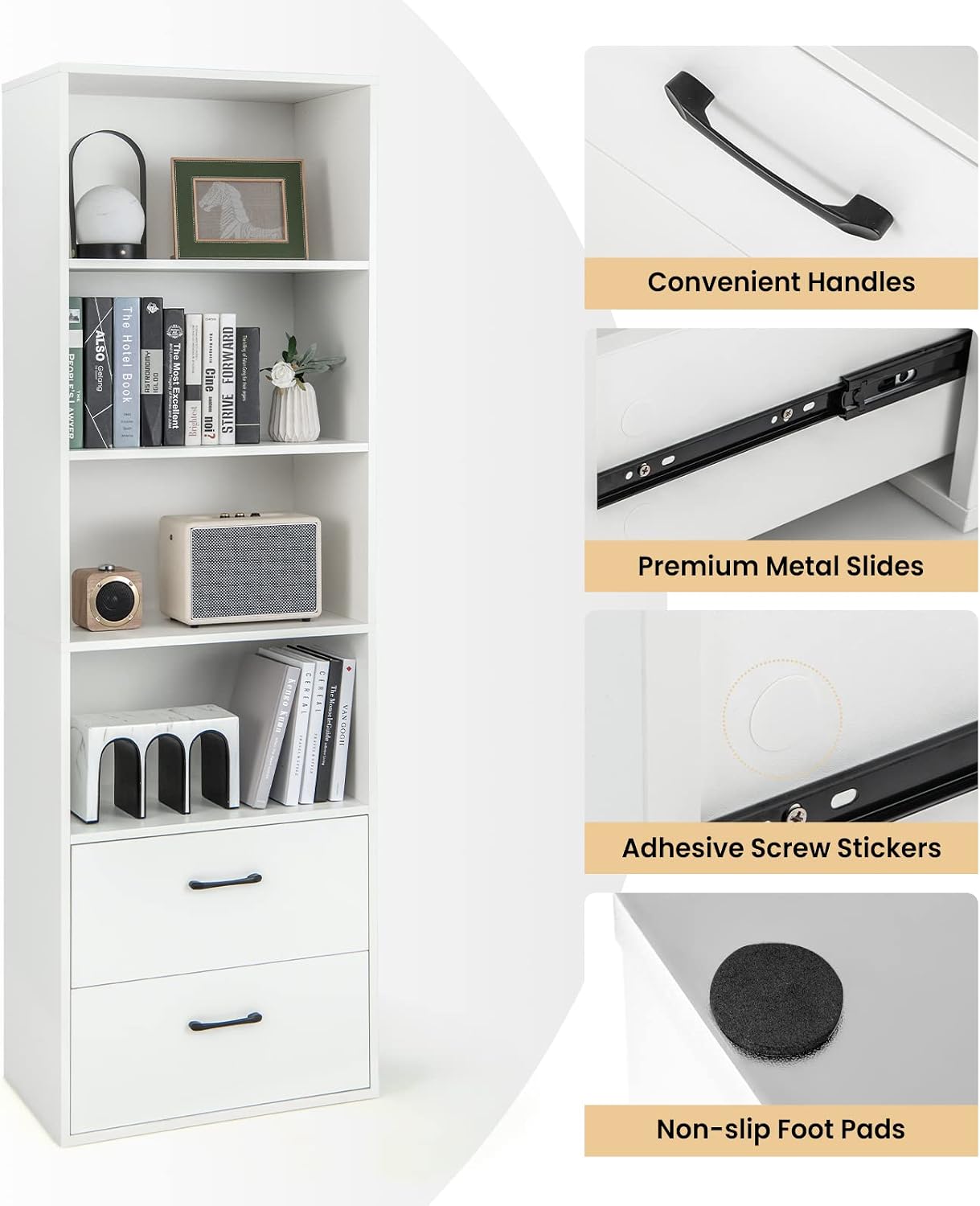 LOKO 74 Inches Tall Bookcase, 6-Tier Modern Tall Storage Cabinet with 2 Drawers & 4 Open Shelves, Freestanding Wooden Bookshelf with Anti-toppling Devices for Living Room, Study, Home Office (White)