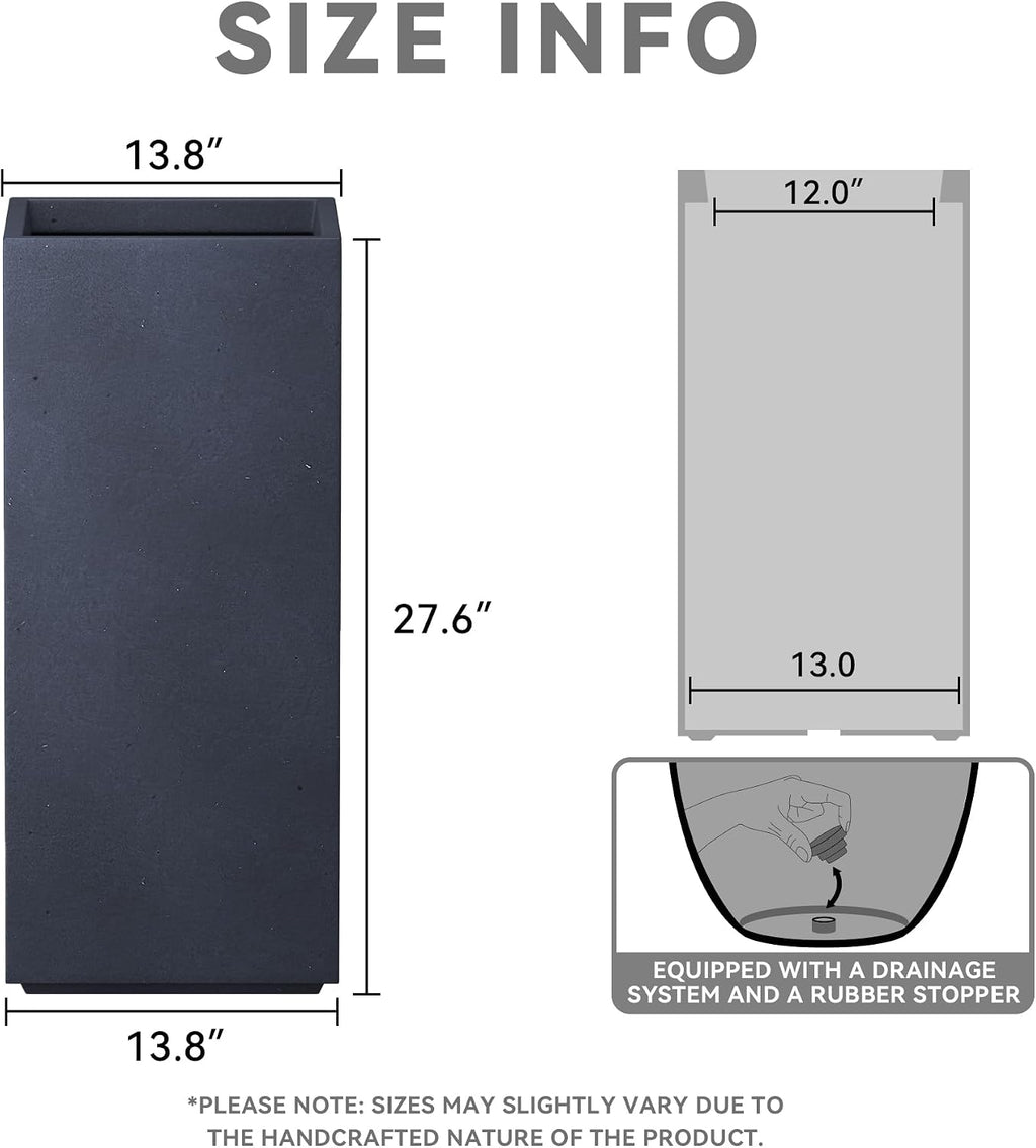 Kante 27.6' H Tall Rectangular Concrete Planter, Modern Square Diameter Plant Pot with Drainage Hole and Rubber Plug for Indoor Outdoor Home Patio Garden, Charcoal