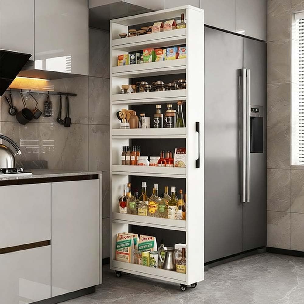 Slim Storage Cart with Wheels, Next to Fridge Storage Spice Rack, Kitchen Rolling Cart, Wood Storage Organizer for Kitchen, Bakers, Pantry, Dining Room (White,6' L x 18' W x 73' H)