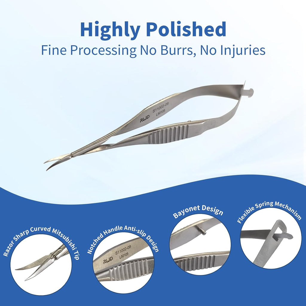 RWD VANNAS Micro Scissors, 3.2' Curved Tapered Tip, Extra Sharp Spring Action Squeeze Scissors for Stitch Cutting, Embroidery, ENT, Eye, Skin, Dental, and Veterinary Surgery (8cm) - S11002-08