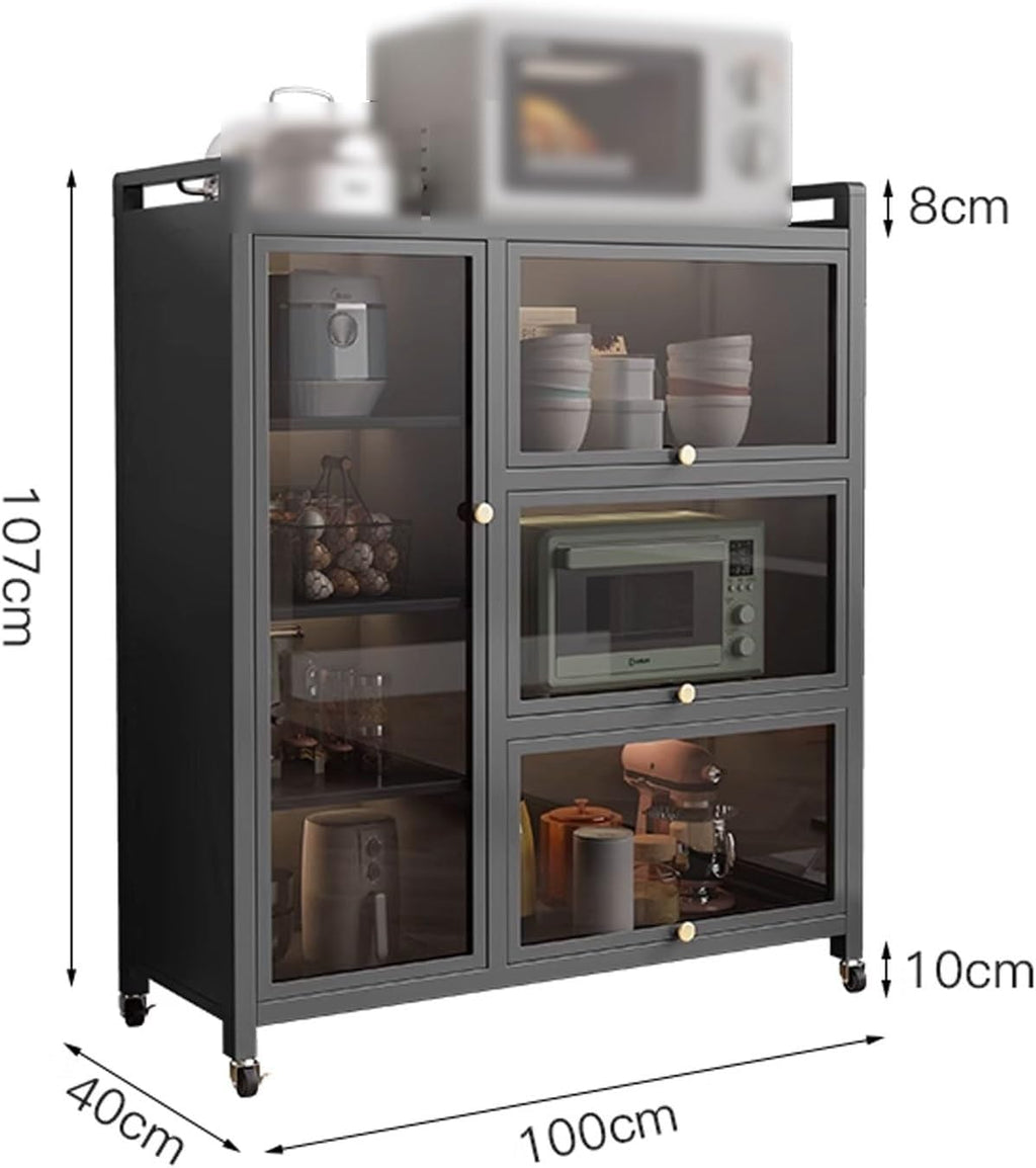 Bakers Rack with Storage Cabinet Doors Microwave Stand with Storage Cabinet Adjustable Layer Distance with of Brakeable Casters, for Utensils, Pots, Pans, Spices(White,100 * 40 * 107CM)