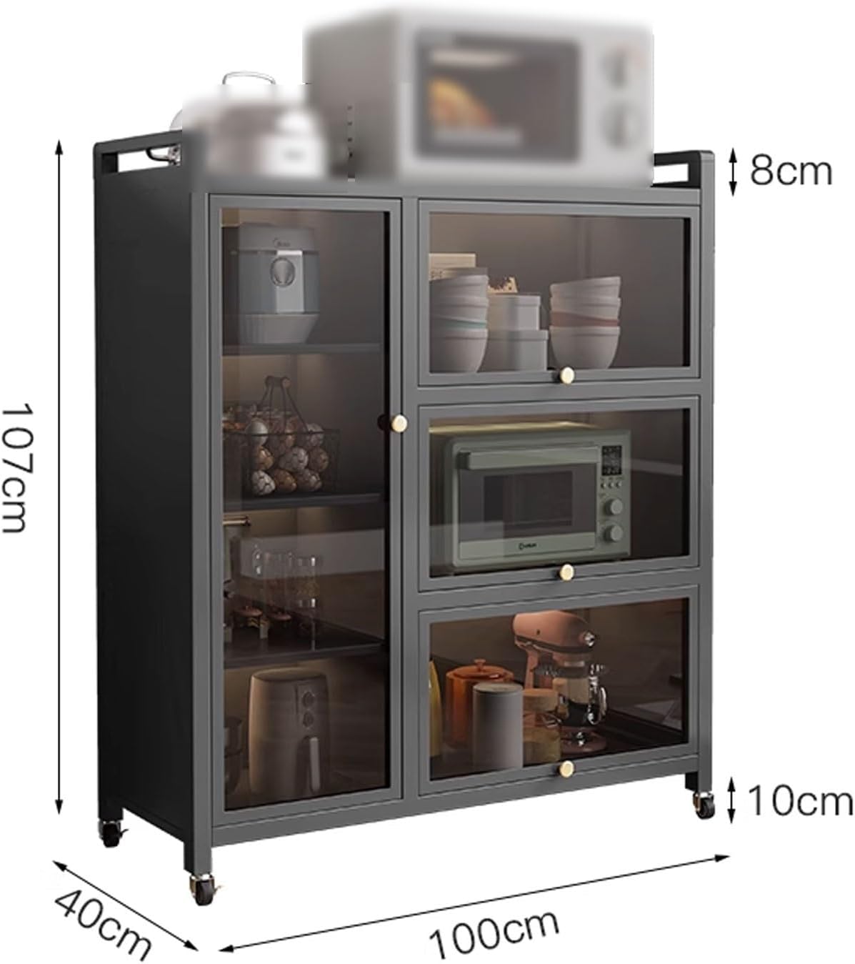 Bakers Rack with Storage Cabinet Doors Microwave Stand with Storage Cabinet Adjustable Layer Distance with of Brakeable Casters, for Utensils, Pots, Pans, Spices(White,100 * 40 * 107CM)