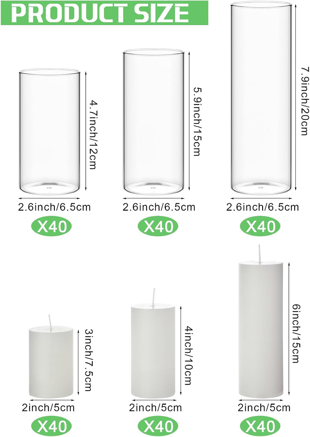 Shihanee 180 Pcs Pillar Candles and Glass Cylinder Vases Clear Cylinder Holders for Slim Pillar Candles Table Decoration (White)