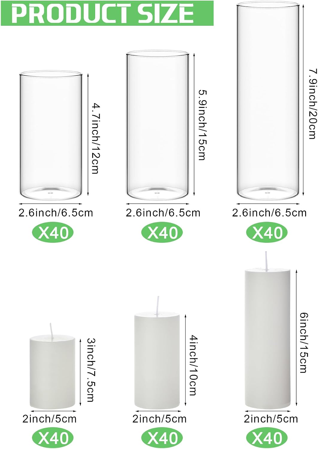 Shihanee 180 Pcs Pillar Candles and Glass Cylinder Vases Clear Cylinder Holders for Slim Pillar Candles Table Decoration (White)
