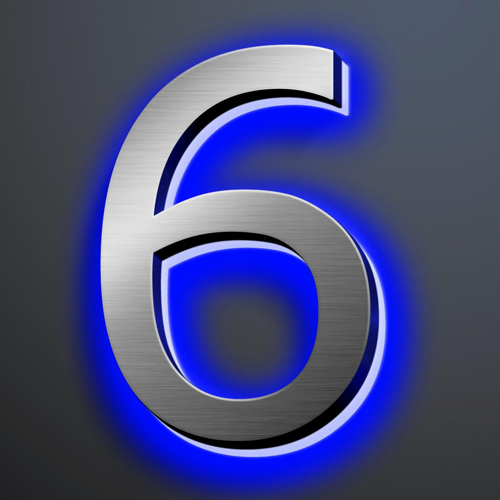 Illuminated House Numbers 18 Inch, Backlit Illuminated LED House Address Numbers For Outside, Modern Metal Lighted Address Numbers Signs, Brushed Silver, Blue Light,6