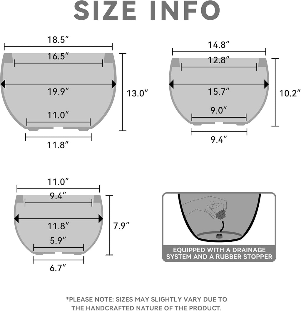 Kante 19.9',15.7',11.8' Dia Round Concrete Planter Set of 3, Outdoor/Indoor Large Bowl Plant Pots with Drainage Hole and Rubber Plug for Garden Patio Balcony Home, Black