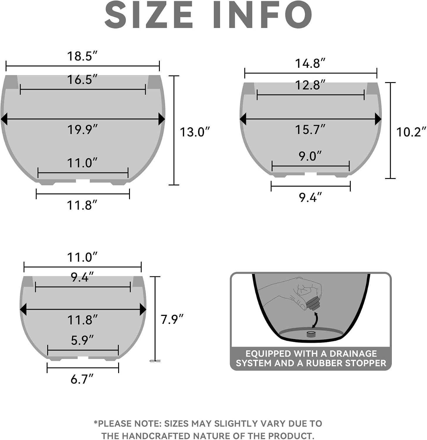Kante 19.9',15.7',11.8' Dia Round Concrete Planter Set of 3, Outdoor/Indoor Large Bowl Plant Pots with Drainage Hole and Rubber Plug for Garden Patio Balcony Home, Black