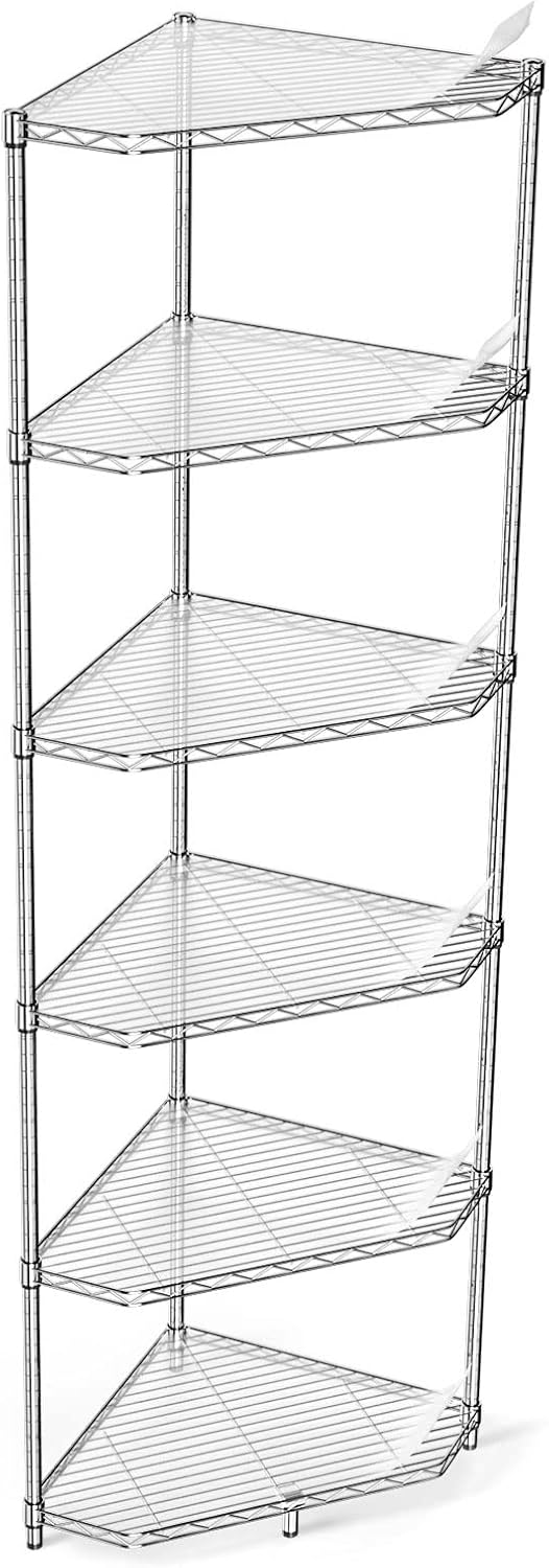 6 Tier NSF Metal Shelf Pentagonal Corner Wire Shelving Unit, 600lbs Capacity Heavy Duty Adjustable Storage Rack with Shelf Liners for Kitchen Garage Office Etc Room Corner, 72'H x 20'L x 20'D - Chrome