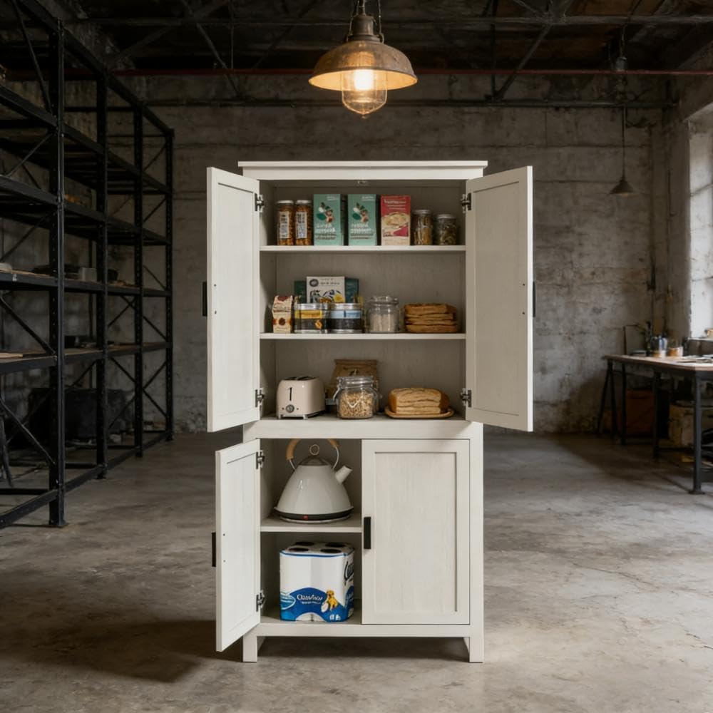 64' Adjustable Shelves Freestanding Storage Cabinet, Kitchen Storage Bakers Rack with Anti-Tipping Design, Utility Food Cupboard with 5-Tier Shelving for Kitchen Dining Living Room, Antique White