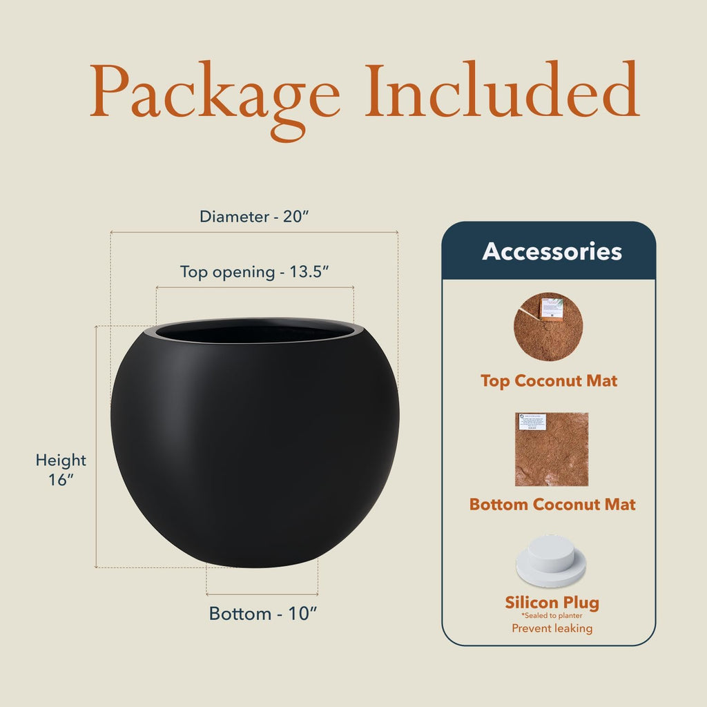 KUTE NEST 16' H x 20' D Premium Globo Fiberstone Round Planter for Outdoor & Indoor Plants, Ideal for Snake Plants, Monstera & House Plants, Included 2 Extra Coco Mats (Black, 13.5' Pot Opening)