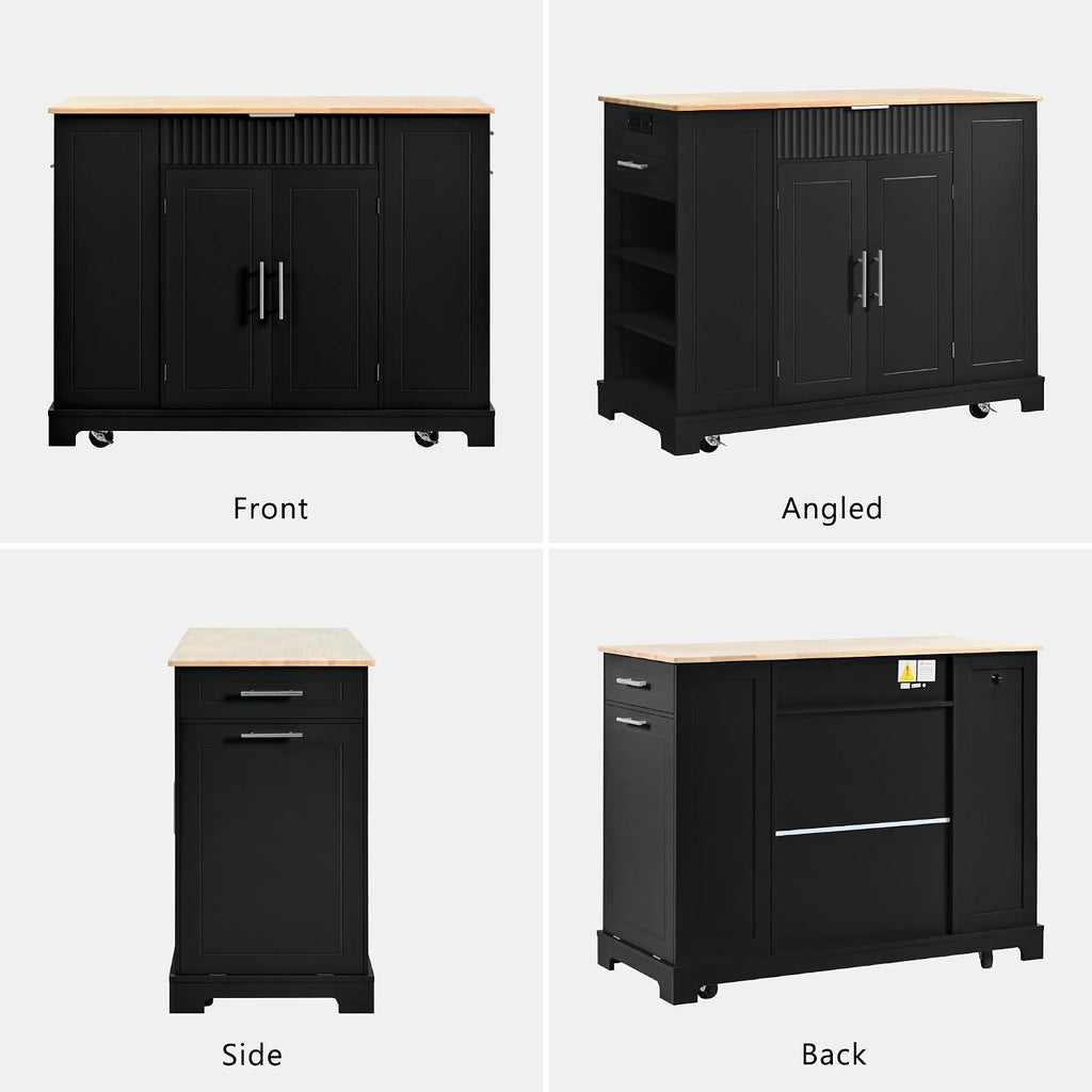 Modern Kitchen Storage Island with Trash Can Cabinet & Power Outlet, Rolling Kitchen Island Cart on Wheels with Open Side Shelves and Towel Rack, 53-Inch, Black