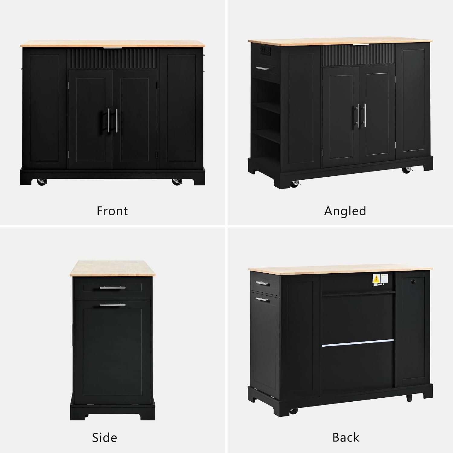 Modern Kitchen Storage Island with Trash Can Cabinet & Power Outlet, Rolling Kitchen Island Cart on Wheels with Open Side Shelves and Towel Rack, 53-Inch, Black