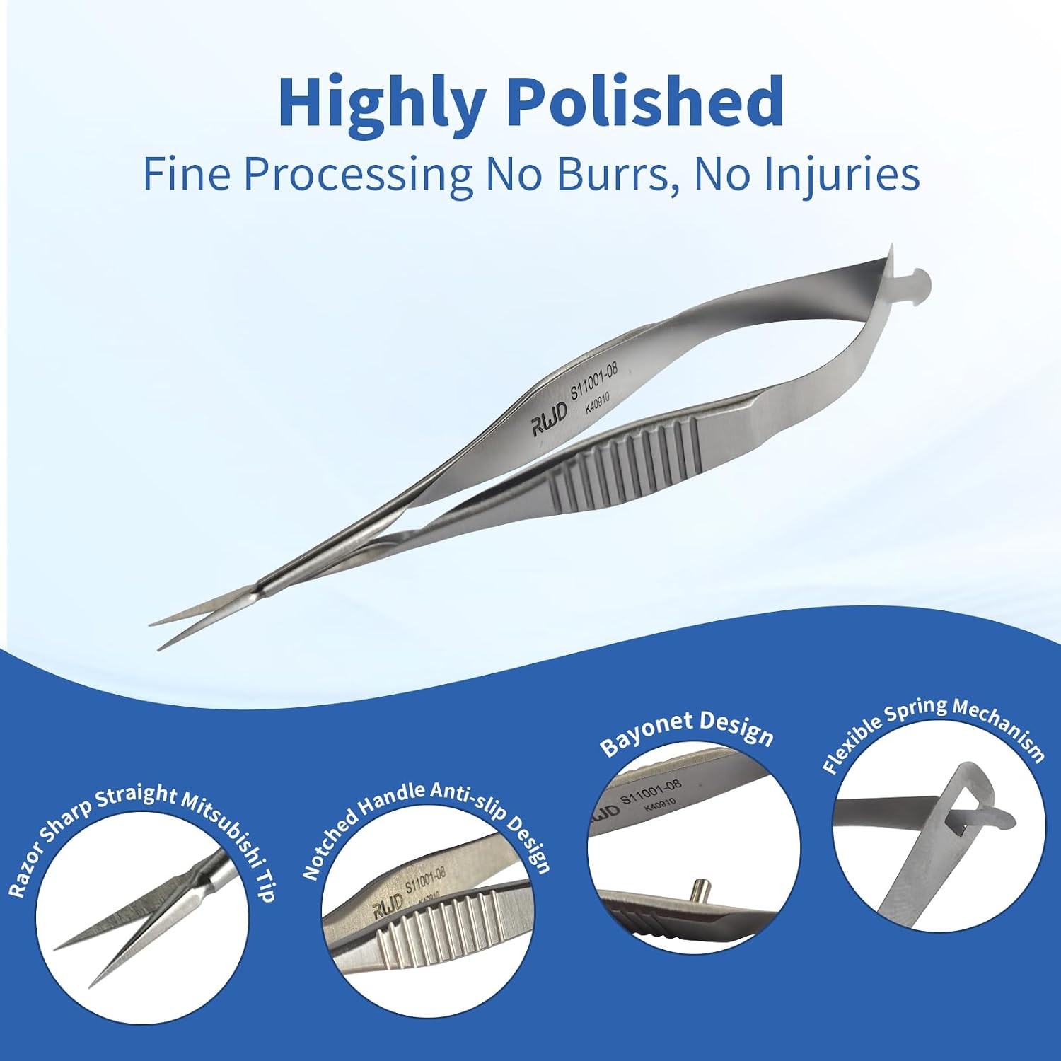 RWD VANNAS Micro Scissors, 3.2' Straight Tapered Tip, Extra Sharp Spring Action Squeeze Scissors for Stitch Cutting, Embroidery, ENT, Eye, Skin, Dental, and Veterinary Surgery (8cm) - S11001-08