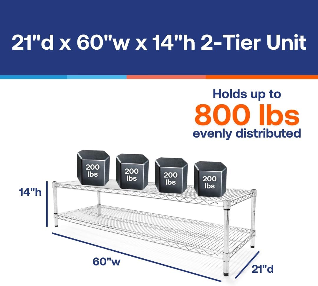 Shelving Inc. 21' d x 60' w x 14' h Chrome Wire Shelving with 2 Tier Shelves, Weight Capacity 800lbs Per Shelf