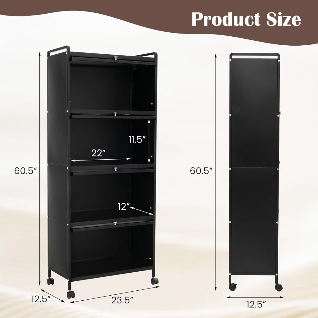 LDAILY 5-Tier Kitchen Storage Cabinet, Mobile Microwave Stand with Metal Frame, Double Anti-toppling Device, 4 Rolling Casters, Freestanding Bakers Rack for Kitchen, Dining Room, Living Room (Black)