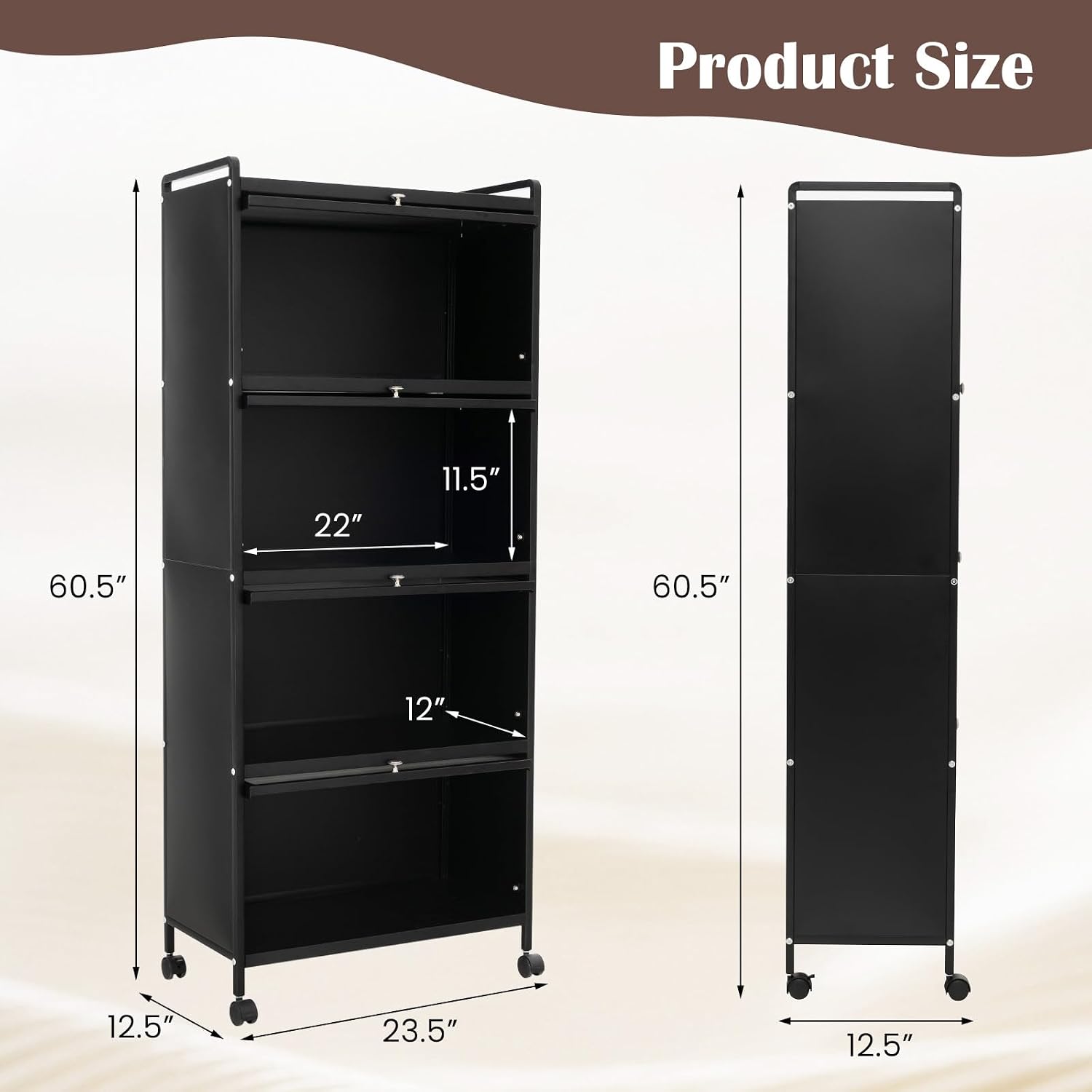 LDAILY 5-Tier Kitchen Storage Cabinet, Mobile Microwave Stand with Metal Frame, Double Anti-toppling Device, 4 Rolling Casters, Freestanding Bakers Rack for Kitchen, Dining Room, Living Room (Black)