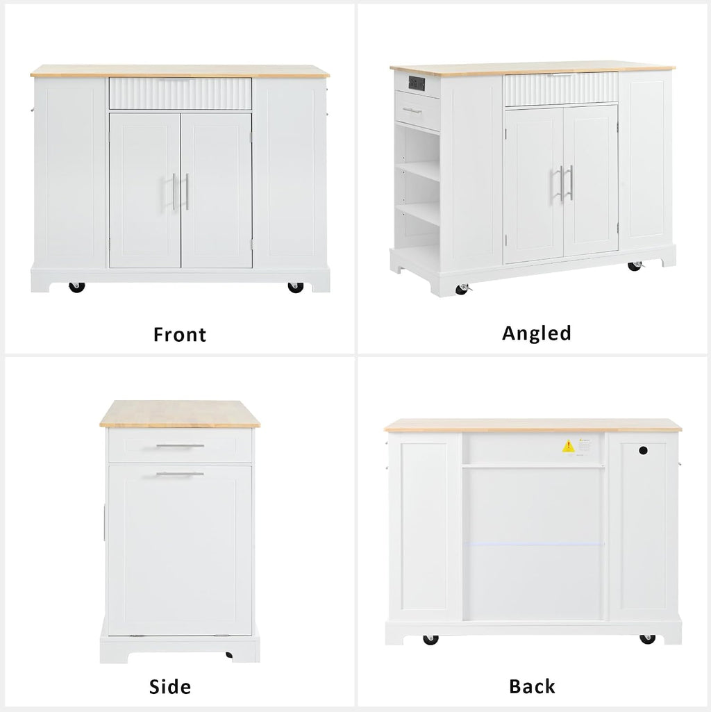 Modern Kitchen Storage Island with Trash Can Cabinet & Power Outlet, Rolling Kitchen Island Cart on Wheels with Open Side Shelves and Towel Rack, 53-Inch, White