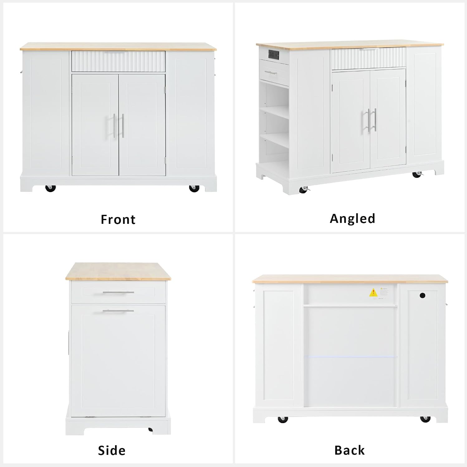 Modern Kitchen Storage Island with Trash Can Cabinet & Power Outlet, Rolling Kitchen Island Cart on Wheels with Open Side Shelves and Towel Rack, 53-Inch, White