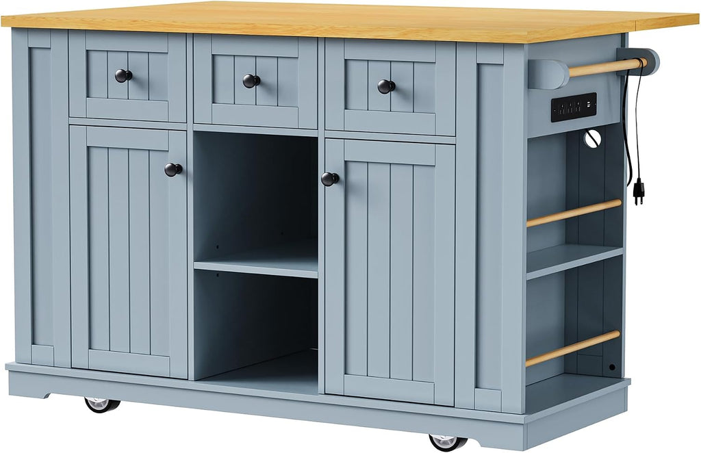 Kitchen Storage Island on Wheels with Drop Leaf & Power Outlet, Rolling Kitchen Island Cart with Open Side Racks, Door Shelves and Towel Bar, 53-Inch, Gray Blue