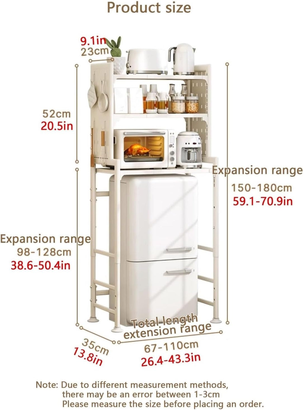 Mini Fridge Stand Storage Refrigerator Shelf 3 Tier Expandable Adjustable Height Microwave Stand Shelf Kitchen Bakers Rack for Refrigerators Below 1.2m Solid Construction(Black)