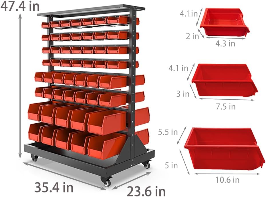 Metal Bin Storage Rack on Wheels, Dual Sided Steel Parts Organizer, 104 Bins for Nut Bolt Hardware, Heavy Duty Double Sides Shelf for Auto Repair Shop Garage Warehouse Workshop, 35.4' x 23.6' x 47.4'