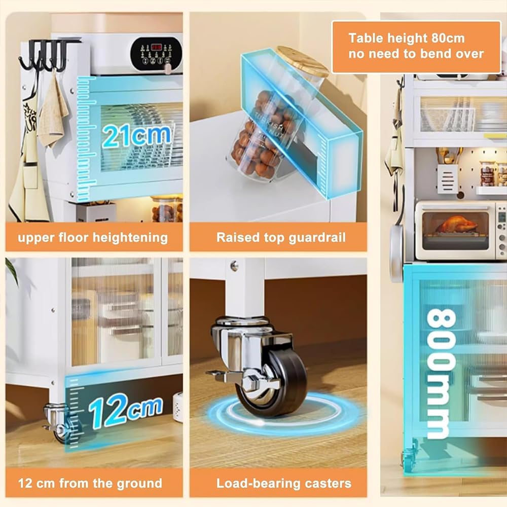 Kitchen Standing Bakers Rack, 5-Tier Microwave Stand with 8 S-Shaped Hooks, Movable Storage Shelf, for Kitchen Hutch, Home, Office, Pantry, Garage,White,82 * 44 * 167cm