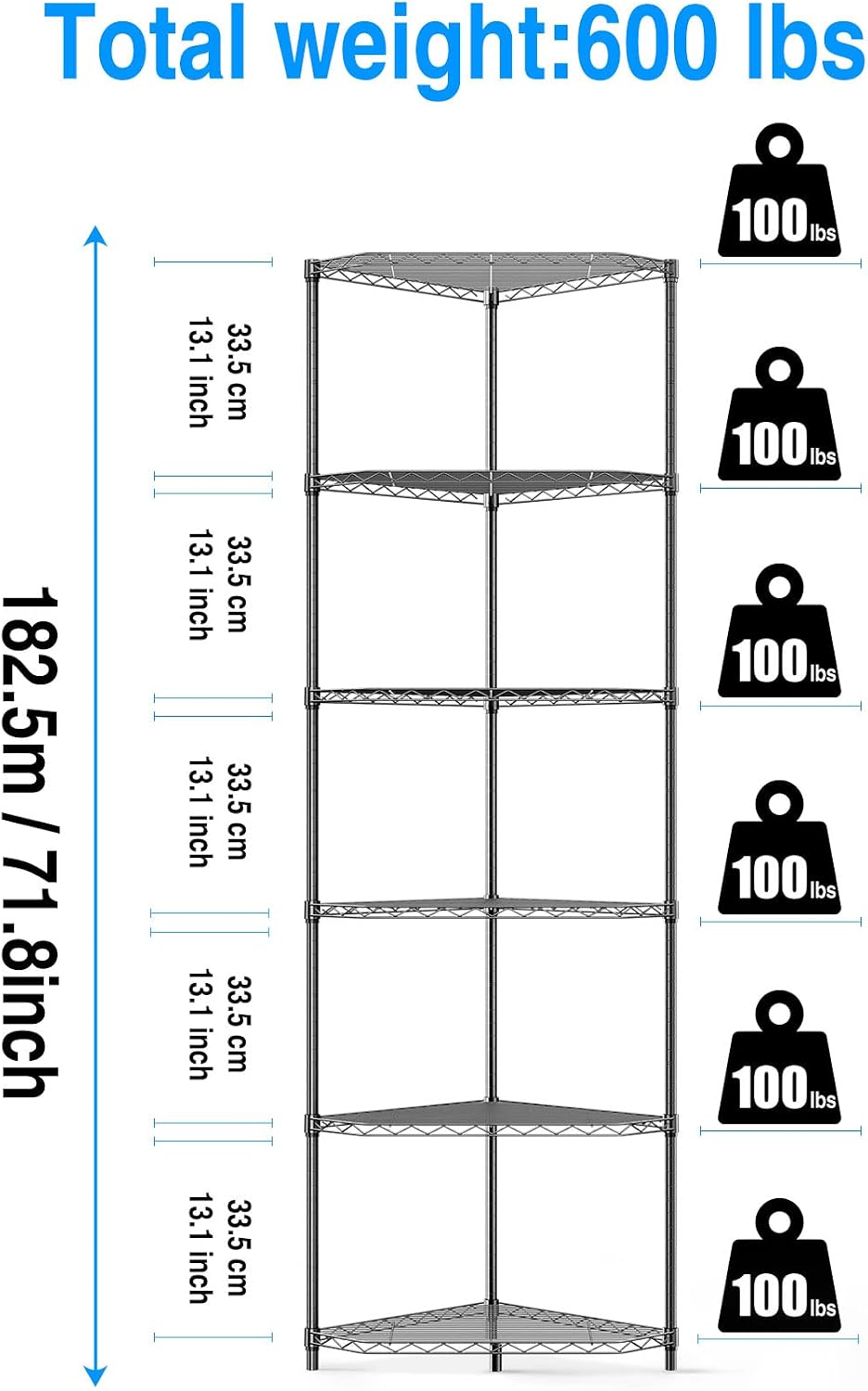 6 Tier NSF Metal Shelf Pentagonal Corner Wire Shelving Unit, 600lbs Capacity Heavy Duty Adjustable Storage Rack with Shelf Liners for Kitchen Garage Office Etc Room Corner, 72'H x 20'L x 20'D - Black